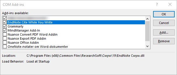 uninstall endnote word plugin